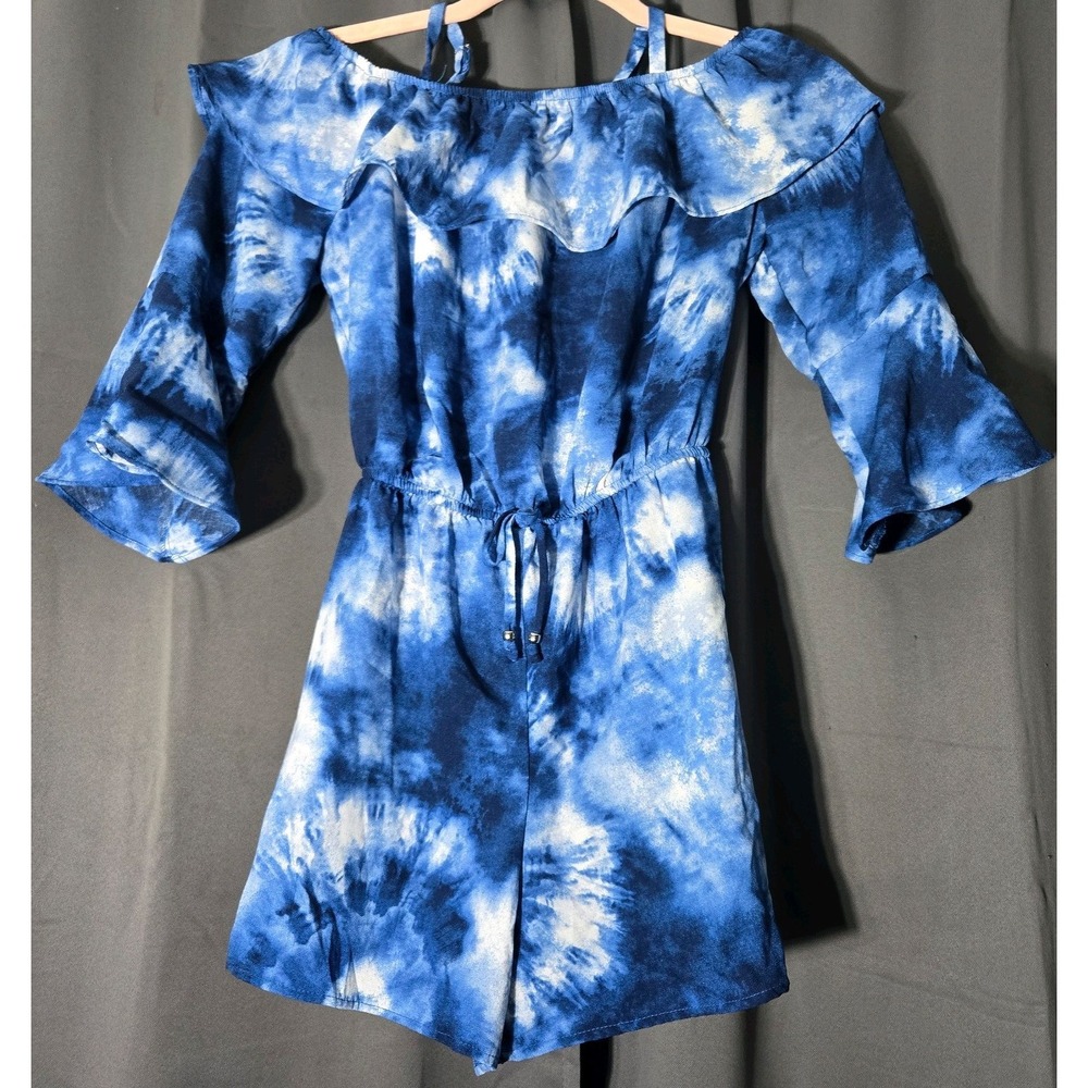 IZ Byer Girls Off The Shoulder Blue White Tye Dye Romper Shorts Size M 10/12